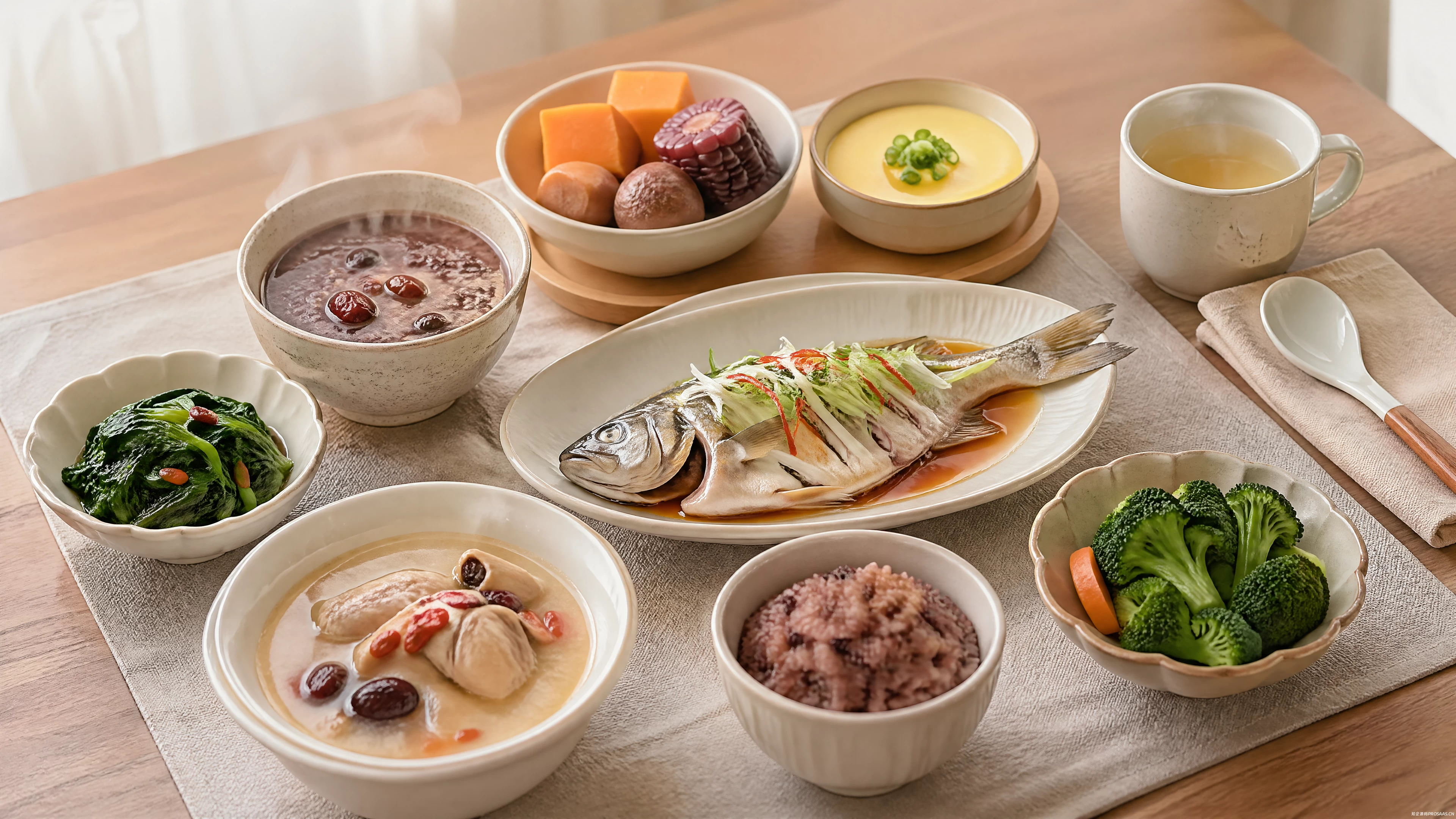 月子餐月子餐套图（早中晚三餐）高质量摄影提示词插图2