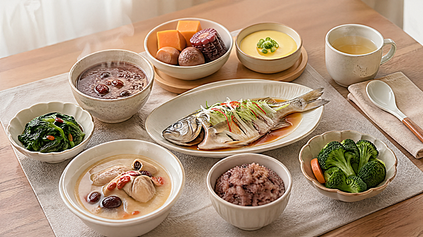 月子餐月子餐套图（早中晚三餐）高质量摄影提示词